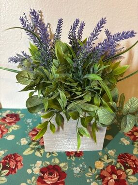 Artificial Lavender and Greenery Arrangement in Grey Wooden Planter 5”